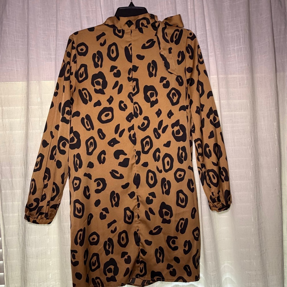 Who What Wear Mini Dress Women S Brown Leopard High Tie Neck Long Sleeve Shift - Picture 2 of 9